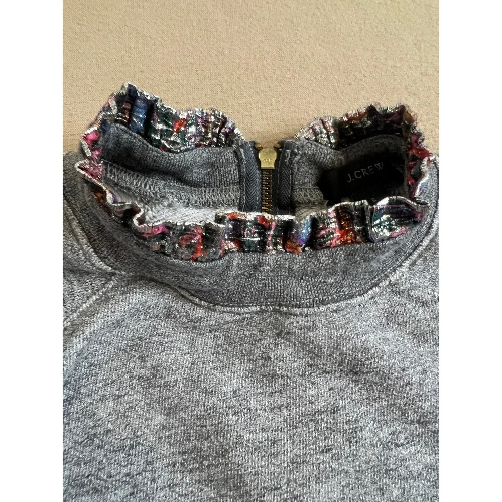 J.Crew Grey Raglan Sweatshirt Metallic Ruffle Trim Back Zip Heathered Top